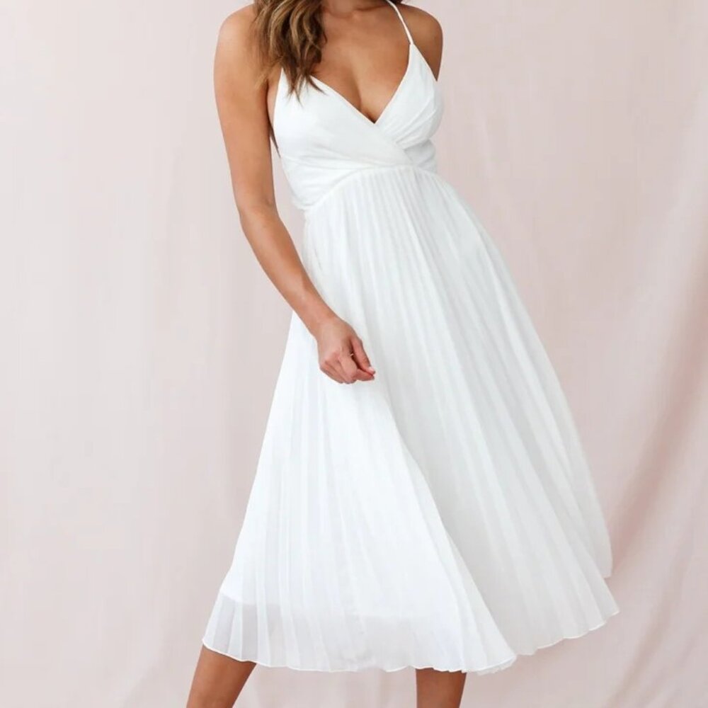 Selfie Leslie Artemis Accordion Pleat Strappy Back Midi Dress White NWT Us Sz 8